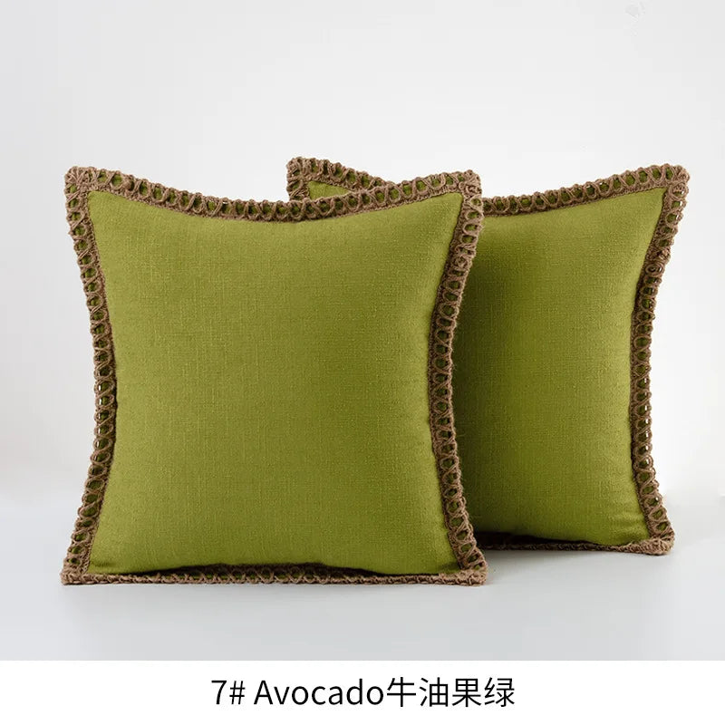 Solid Color Cotton Linen Pillow Cover with Jute Rope Trim Boho Decorative 45x45cm Cushion Pillow Case for Sofa Bed Living Room